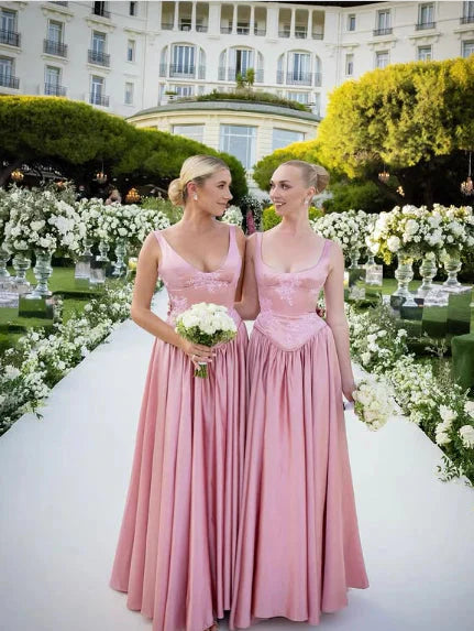 Elegant A Line V Neckline Bridesmaid Dresses Floor-Length Satin Long Pink Formal Evening Dresses Formal Prom Dresses