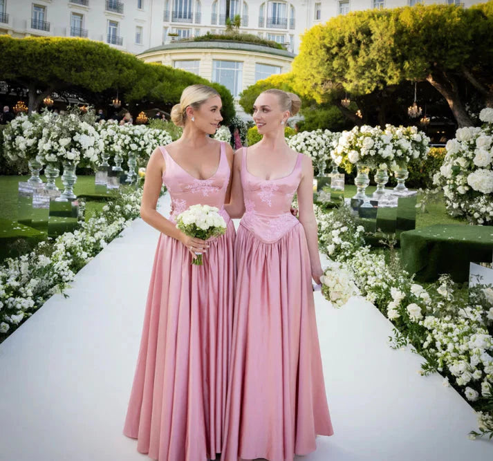Elegant A Line V Neckline Bridesmaid Dresses Floor-Length Satin Long Pink Formal Evening Dresses Formal Prom Dresses