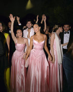 Elegant A Line V Neckline Bridesmaid Dresses Floor-Length Satin Long Pink Formal Evening Dresses Formal Prom Dresses