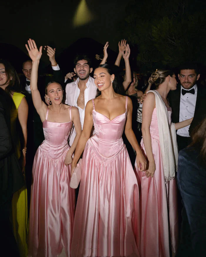 Elegant A Line V Neckline Bridesmaid Dresses Floor-Length Satin Long Pink Formal Evening Dresses Formal Prom Dresses