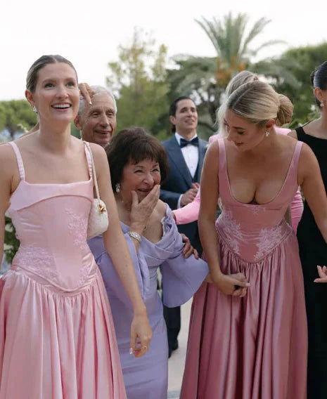 Elegant A Line V Neckline Bridesmaid Dresses Floor-Length Satin Long Pink Formal Evening Dresses Formal Prom Dresses