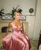 Elegant A Line V Neckline Floor-Length Satin Long Pink Formal Evening Dresses Formal Prom Dresses