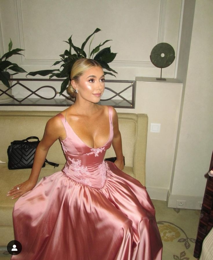 Elegant A Line V Neckline Floor-Length Satin Long Pink Formal Evening Dresses Formal Prom Dresses