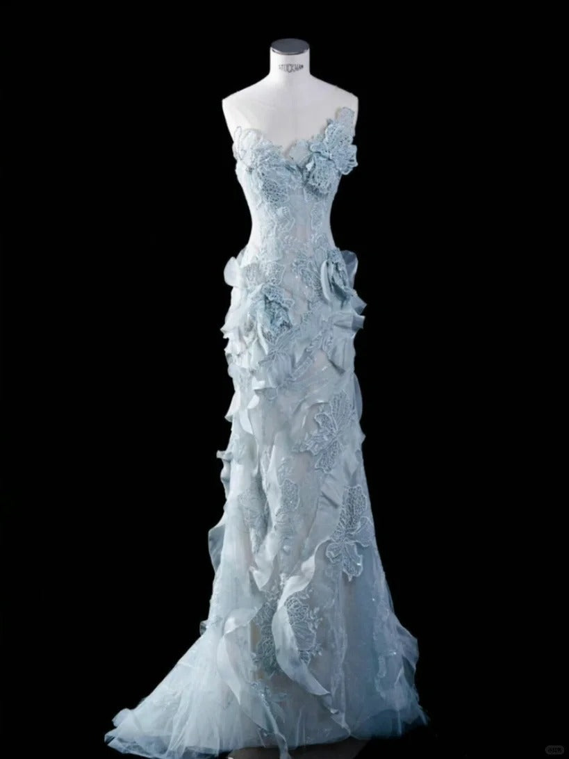 Elegant and dreamy light blue tube top lace flower mermaid wedding dress