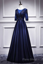 Elegant And Noble Blue Short Sleeved Lace Decal Ball Dresses With Blue V-Neck Satin And Beaded Back Zipper And Floor Length Formal Dresses