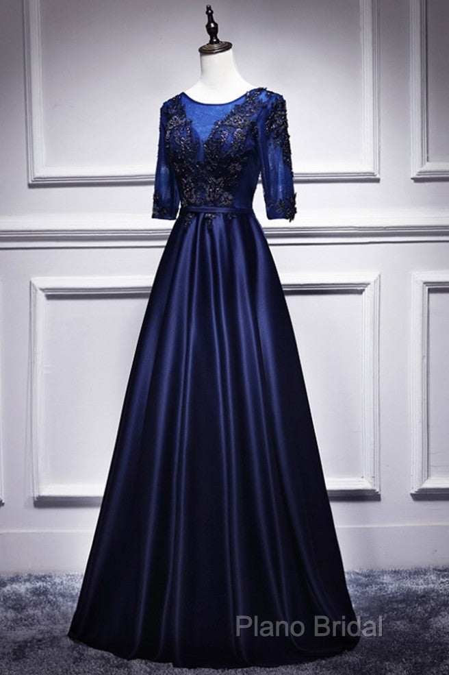 Elegant And Noble Blue Short Sleeved Lace Decal Ball Dresses With Blue V-Neck Satin And Beaded Back Zipper And Floor Length Formal Dresses