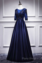 Elegant And Noble Blue Short Sleeved Lace Decal Ball Dresses With Blue V-Neck Satin And Beaded Back Zipper And Floor Length Formal Dresses