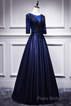 Elegant And Noble Blue Short Sleeved Lace Decal Ball Dresses With Blue V-Neck Satin And Beaded Back Zipper And Floor Length Formal Dresses