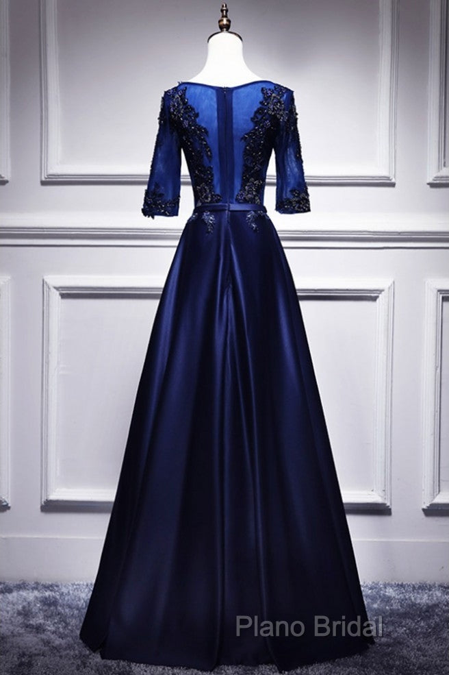 Elegant And Noble Blue Short Sleeved Lace Decal Ball Dresses With Blue V-Neck Satin And Beaded Back Zipper And Floor Length Formal Dresses