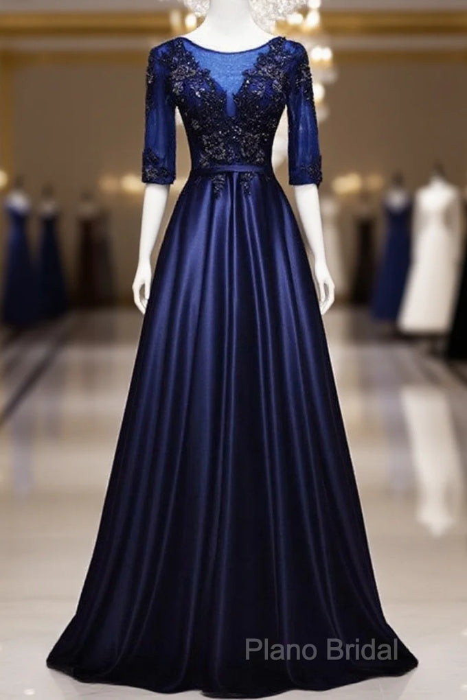 Elegant And Noble Blue Short Sleeved Lace Decal Ball Dresses With Blue V-Neck Satin And Beaded Back Zipper And Floor Length Formal Dresses Main image