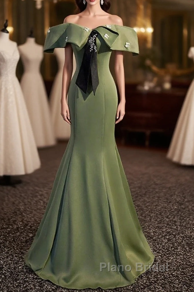 Elegant And Noble Clover Green Off The Shoulder Sleeveless Fishtail Evening Dresses With Clover Green Off The Back Strap And Ground Length Formal Prom Dresses