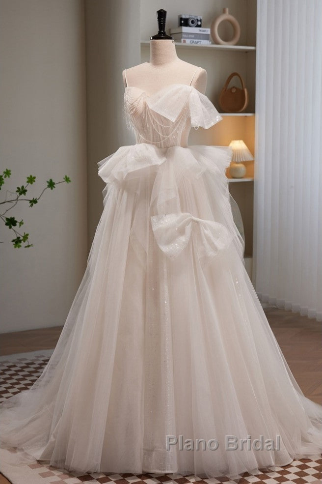 Elegant And Noble Ivory Sleeveless Off Shoulder Beaded Bow Evening Dresses Ivory Thin Shoulder Strap Off Back Strap Formal Prom Dresses