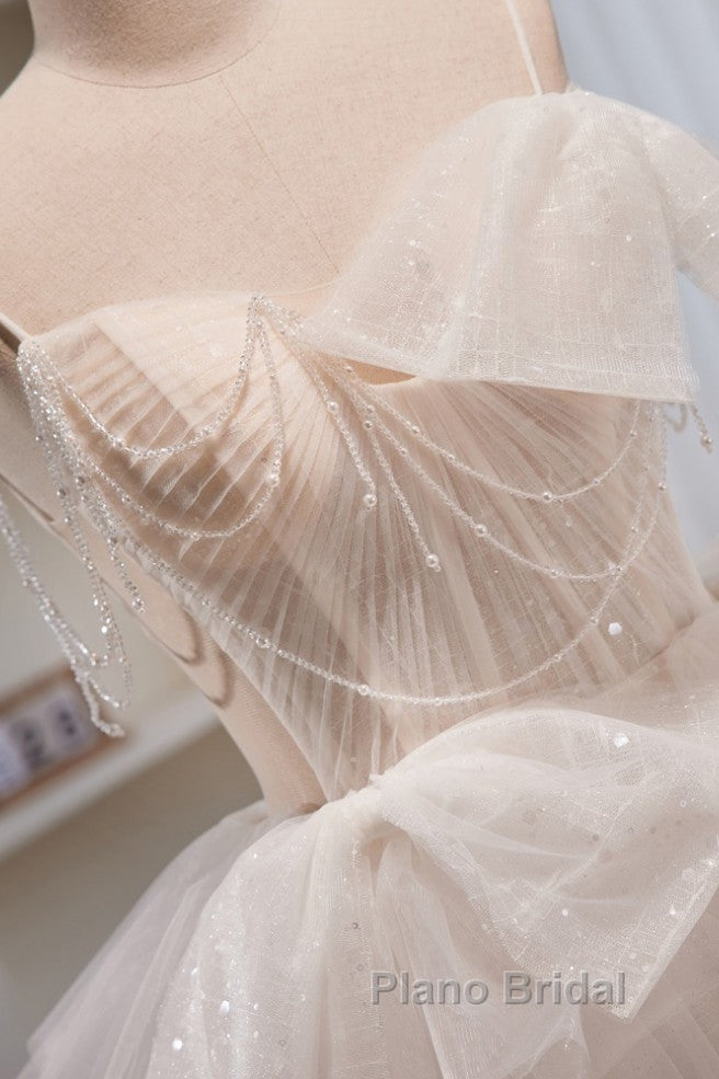 Elegant And Noble Ivory Sleeveless Off Shoulder Beaded Bow Evening Dresses Ivory Thin Shoulder Strap Off Back Strap Formal Prom Dresses