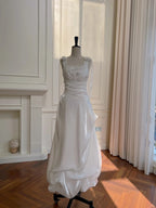 Elegant And Simple White Bud Square Neck Suspender Satin Formal Prom Dresses Bridesmaid Dresses