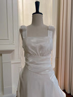 Elegant And Simple White Bud Square Neck Suspender Satin Formal Prom Dresses Bridesmaid Dresses
