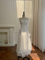 Elegant And Simple White Bud Square Neck Suspender Satin Formal Prom Dresses Bridesmaid Dresses