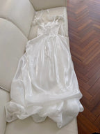 Elegant And Simple White Bud Square Neck Suspender Satin Formal Prom Dresses Bridesmaid Dresses