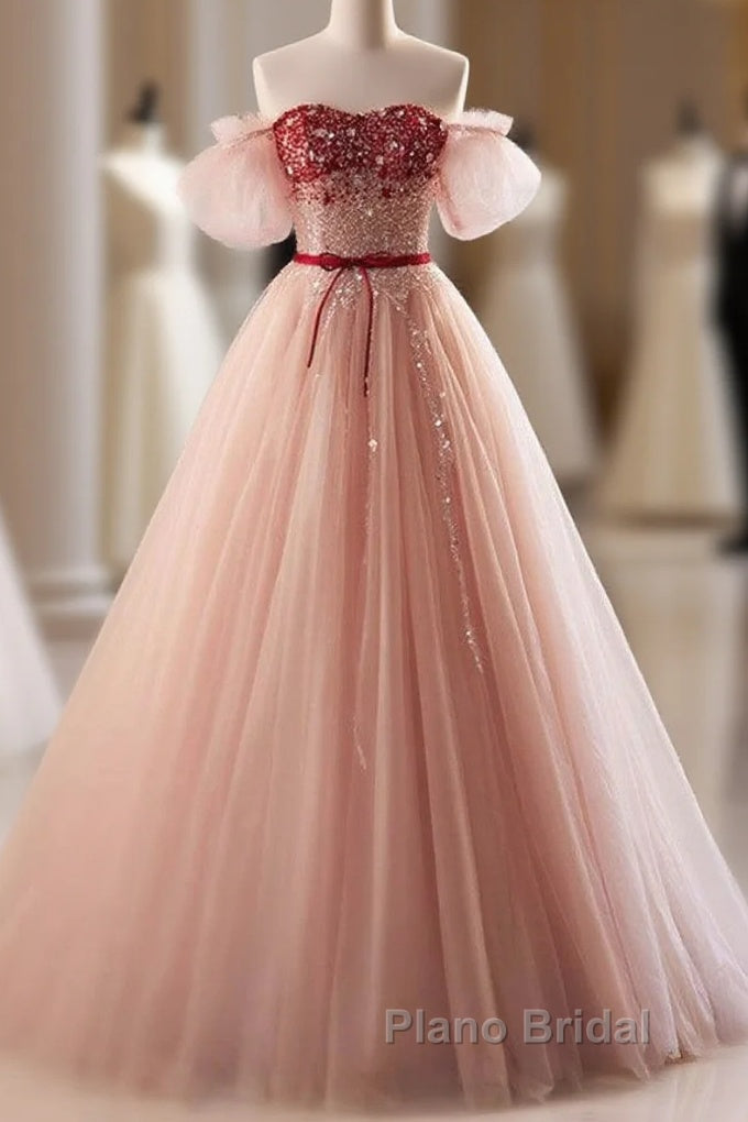 Elegant And Sweet Powder Blusher Powder Beading Sequins Off Shoulder Short Sleeve Formal Prom Dresses Powder Blusher Powder A-Shaped Princess Bow Belt Tulle Backless And Floor Length Evening Dresses Main image