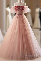 Elegant And Sweet Powder Blusher Powder Beading Sequins Off Shoulder Short Sleeve Formal Prom Dresses Powder Blusher Powder A-Shaped Princess Bow Belt Tulle Backless And Floor Length Evening Dresses