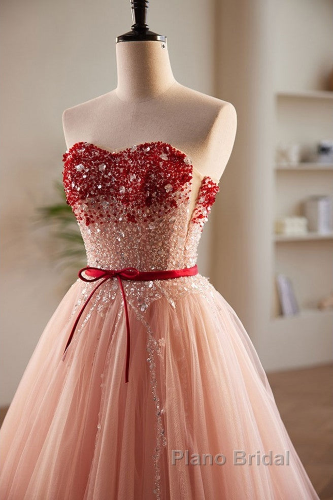 Elegant And Sweet Powder Blusher Powder Beading Sequins Off Shoulder Short Sleeve Formal Prom Dresses Powder Blusher Powder A-Shaped Princess Bow Belt Tulle Backless And Floor Length Evening Dresses