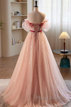 Elegant And Sweet Powder Blusher Powder Beading Sequins Off Shoulder Short Sleeve Formal Prom Dresses Powder Blusher Powder A-Shaped Princess Bow Belt Tulle Backless And Floor Length Evening Dresses