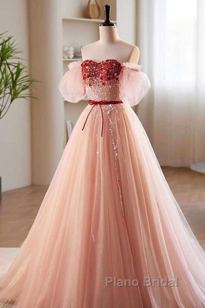 Elegant And Sweet Powder Blusher Powder Beading Sequins Off Shoulder Short Sleeve Formal Prom Dresses Powder Blusher Powder A-Shaped Princess Bow Belt Tulle Backless And Floor Length Evening Dresses Secondary image
