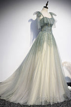 Elegant And Sweet Sage Green Sleeveless Off Shoulder Beads With Sparkling Sheer Sequins Formal Prom Dresses Sage Green A-Line Princess Shoulder Off Back Sweeping Train Ruffle Edge Evening Dresses