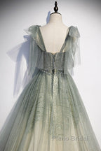 Elegant And Sweet Sage Green Sleeveless Off Shoulder Beads With Sparkling Sheer Sequins Formal Prom Dresses Sage Green A-Line Princess Shoulder Off Back Sweeping Train Ruffle Edge Evening Dresses