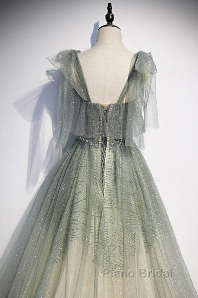 Elegant And Sweet Sage Green Sleeveless Off Shoulder Beads With Sparkling Sheer Sequins Formal Prom Dresses Sage Green A-Line Princess Shoulder Off Back Sweeping Train Ruffle Edge Evening Dresses