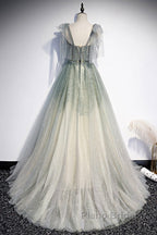 Elegant And Sweet Sage Green Sleeveless Off Shoulder Beads With Sparkling Sheer Sequins Formal Prom Dresses Sage Green A-Line Princess Shoulder Off Back Sweeping Train Ruffle Edge Evening Dresses