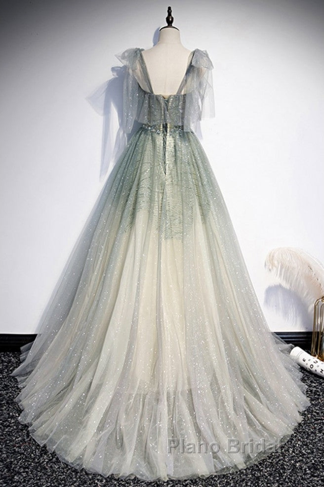 Elegant And Sweet Sage Green Sleeveless Off Shoulder Beads With Sparkling Sheer Sequins Formal Prom Dresses Sage Green A-Line Princess Shoulder Off Back Sweeping Train Ruffle Edge Evening Dresses
