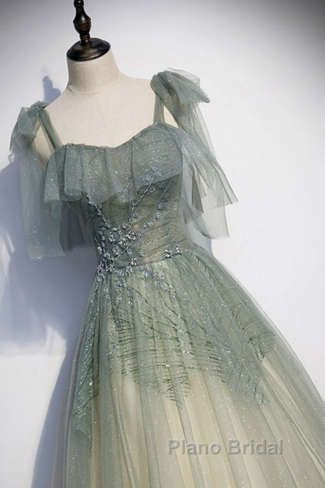 Elegant And Sweet Sage Green Sleeveless Off Shoulder Beads With Sparkling Sheer Sequins Formal Prom Dresses Sage Green A-Line Princess Shoulder Off Back Sweeping Train Ruffle Edge Evening Dresses