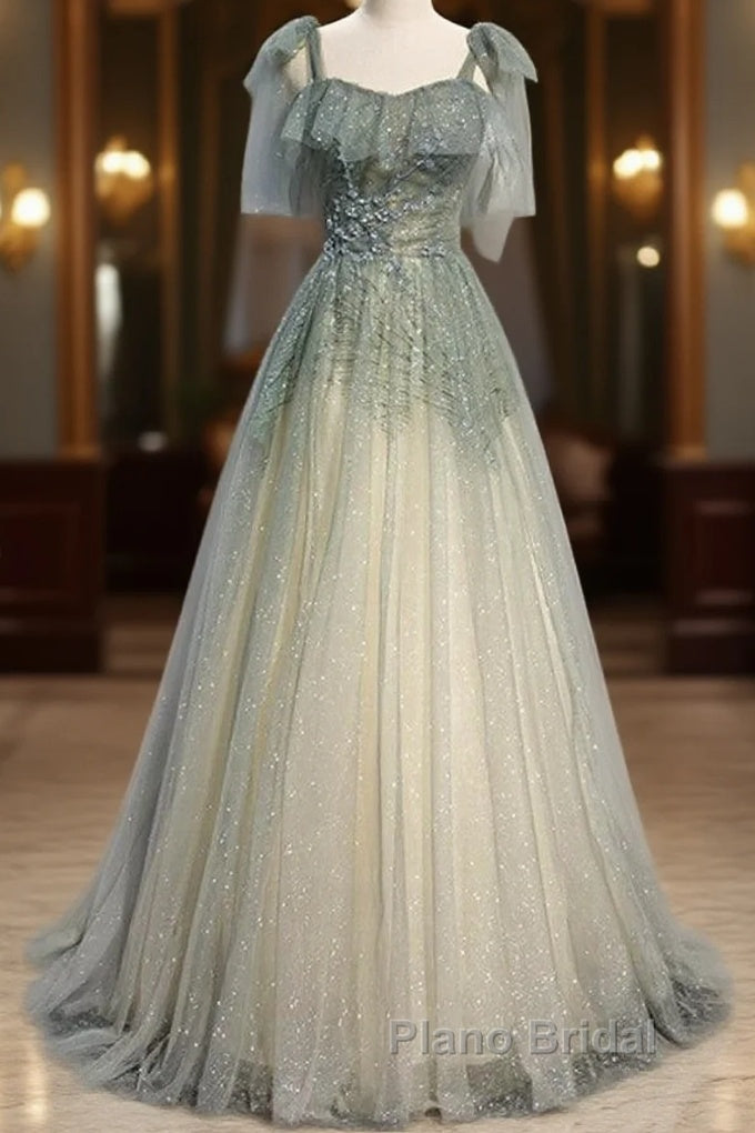 Elegant And Sweet Sage Green Sleeveless Off Shoulder Beads With Sparkling Sheer Sequins Formal Prom Dresses Sage Green A-Line Princess Shoulder Off Back Sweeping Train Ruffle Edge Evening Dresses Main image