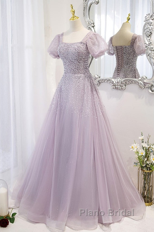 Elegant And Unique Lavender Square Neckline Fluffy Short Sleeved Beaded Sequin Ball Dresses Lavender A-Line Princess Sheer Backless Strap And Floor Length Evening Dresses Secondary image