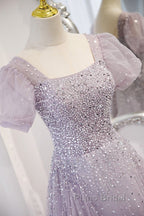 Elegant And Unique Lavender Square Neckline Fluffy Short Sleeved Beaded Sequin Ball Dresses Lavender A-Line Princess Sheer Backless Strap And Floor Length Evening Dresses