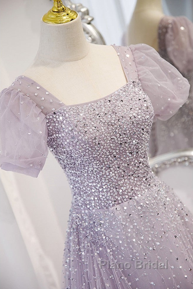 Elegant And Unique Lavender Square Neckline Fluffy Short Sleeved Beaded Sequin Ball Dresses Lavender A-Line Princess Sheer Backless Strap And Floor Length Evening Dresses