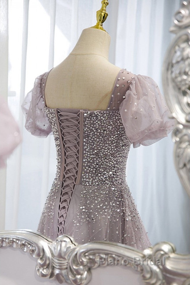 Elegant And Unique Lavender Square Neckline Fluffy Short Sleeved Beaded Sequin Ball Dresses Lavender A-Line Princess Sheer Backless Strap And Floor Length Evening Dresses