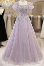Elegant And Unique Lavender Square Neckline Fluffy Short Sleeved Beaded Sequin Ball Dresses Lavender A-Line Princess Sheer Backless Strap And Floor Length Evening Dresses
