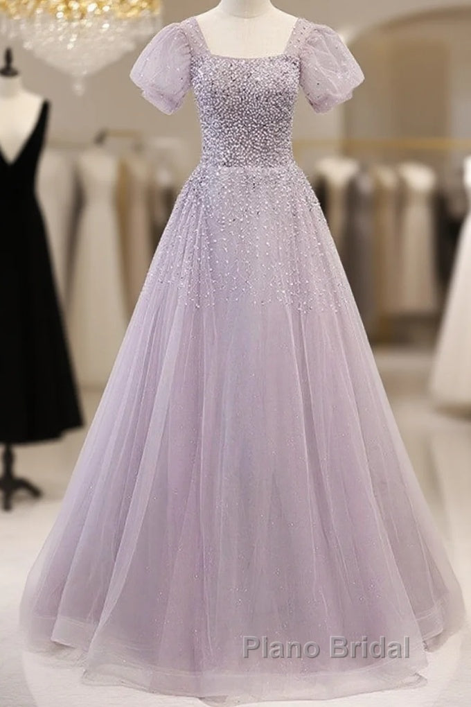 Elegant And Unique Lavender Square Neckline Fluffy Short Sleeved Beaded Sequin Ball Dresses Lavender A-Line Princess Sheer Backless Strap And Floor Length Evening Dresses