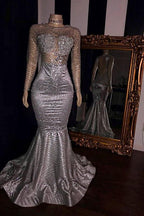 Elegant Appliques Sheer Tulle Prom Dresses Sliver Long Sleevess Mermaid Evening Gowns