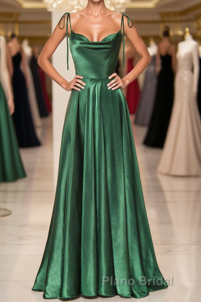 Elegant Backless Green Satin Long Formal Prom Dresses, Backless Green Formal Graduation Evening Dress Main image