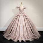 Elegant Ball Gown Pink Beaded Floral Appliques Quinceanera Dresses