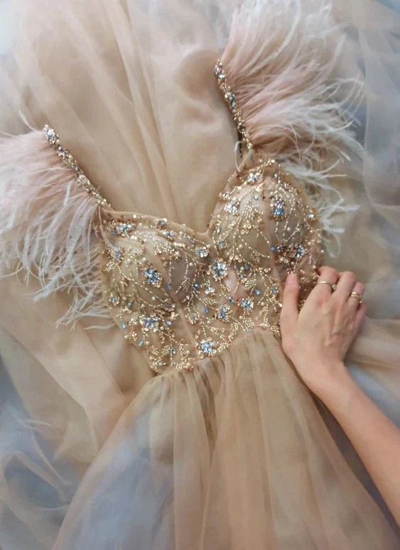Champagne Gold Gorgeous Elegant Sparkling Exquisite Beaded Long Elegant Tulle Formal Prom Dresses Formal Evening Gown Party Dresses Secondary image