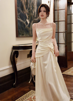 Elegant Beige Spaghetti Strap Square Neck Knot-Embellished Satin Long Formal Prom Dresses Bridesmaid Dresses
