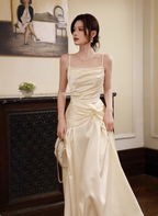 Elegant Beige Spaghetti Strap Square Neck Knot-Embellished Satin Long Formal Prom Dresses Bridesmaid Dresses