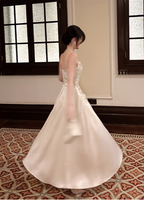 Elegant Beige Spaghetti Strap Square Neck Knot-Embellished Satin Long Formal Prom Dresses Bridesmaid Dresses