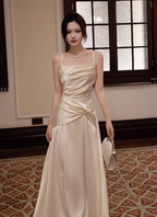 Elegant Beige Spaghetti Strap Square Neck Knot-Embellished Satin Long Formal Prom Dresses Bridesmaid Dresses