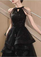 Elegant Black A-Line Halter Neck Chain Sequined Tulle Long Formal Prom Dresses