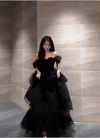 Elegant Black A-Line Off-The-Shoulder Shimmer Tiered Tulle Long Formal Prom Dresses