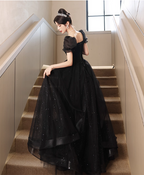 Elegant Black A-Line Square Neck Puff Sleeve Tulle Long Formal Prom Dresses